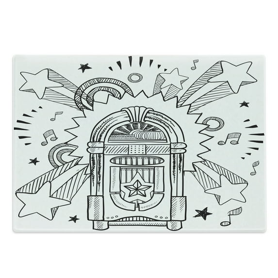 Jukebox Cutting Board, Retro Vintage Cartoon Sketchy Style Radio Music Notes Box with Stars Image, Decorative Tempered Glass Cutting and Serving Board, Large Size, Black and White, by Ambesonne