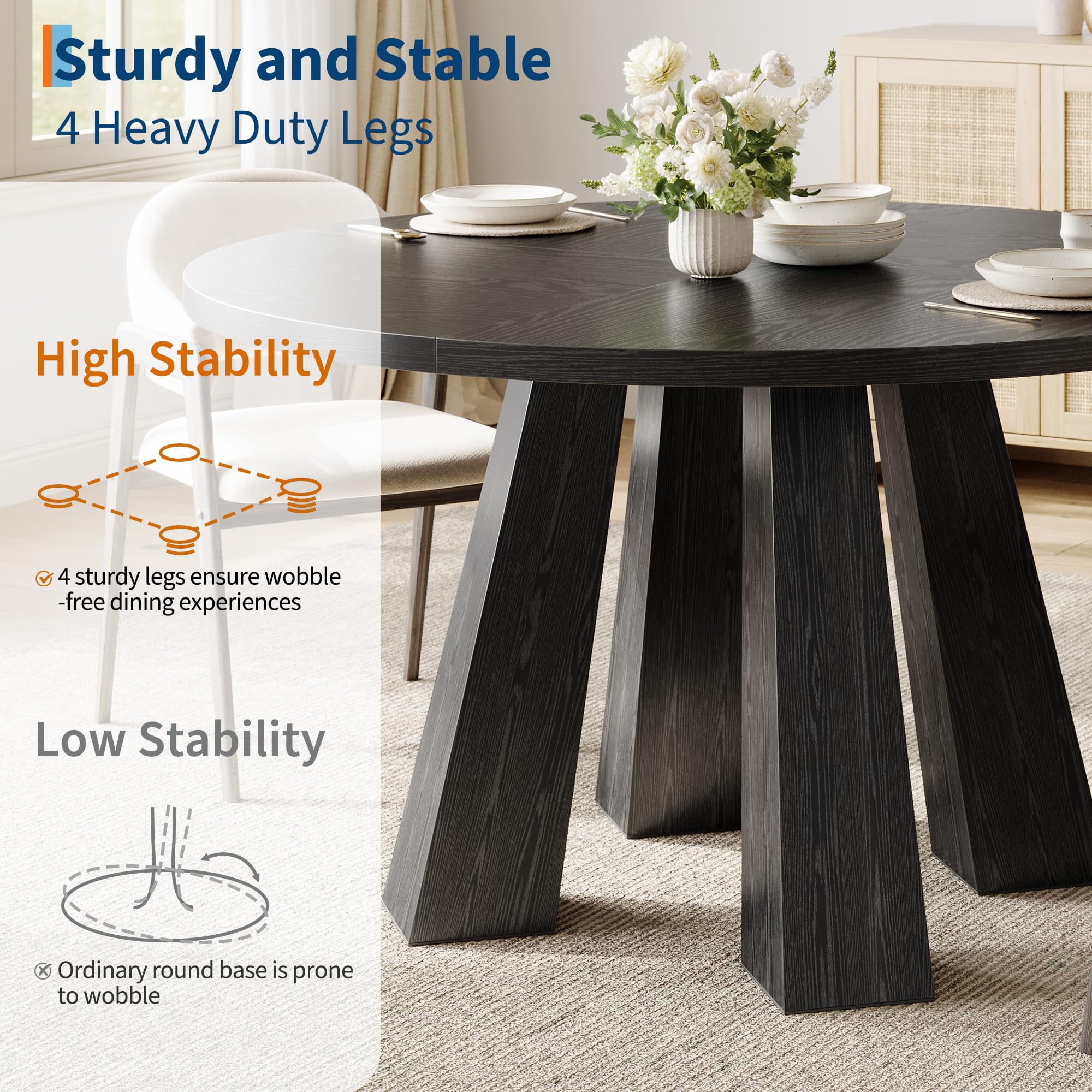47" Round Farmhouse Dining Table for 4 | Sturdy Kitchen Table & Breakfast Nook Centerpiece Space-Saving Design for Dining Room (Table Only)