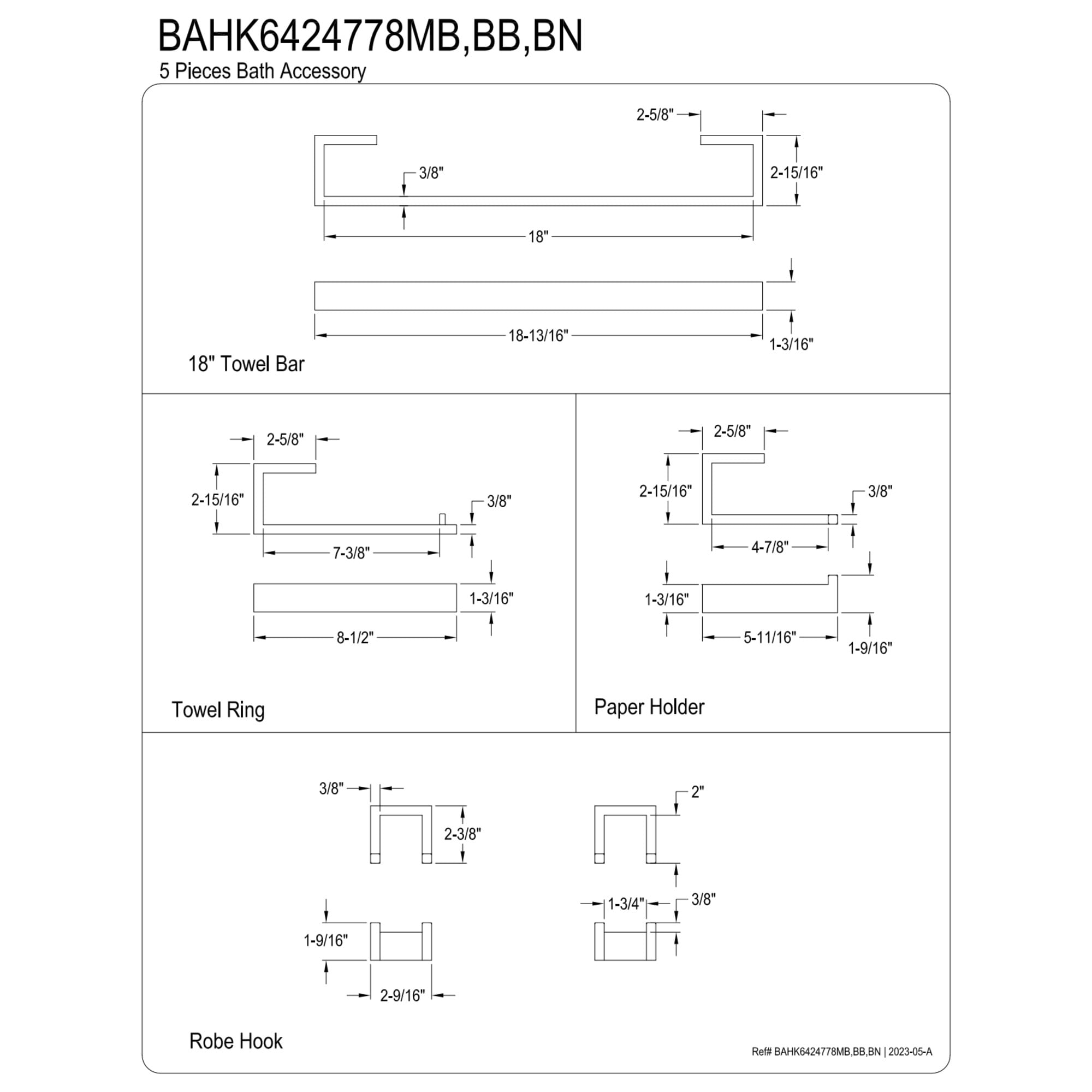 Kingston Brass BAHK6424778BN Lasdun 5-Piece 18" Towel Bar Bathroom Accessory Set, Brushed Nickel