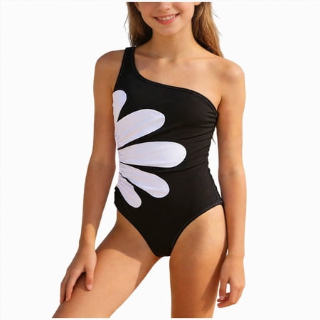 Gubotare Girl Swimsuits Girls Swimsuit One Piece Bathing Suit Kids Summer Hawaiian One Shoulder Ruffle Swimwear Size 7-8 (Black 7-8 Years)