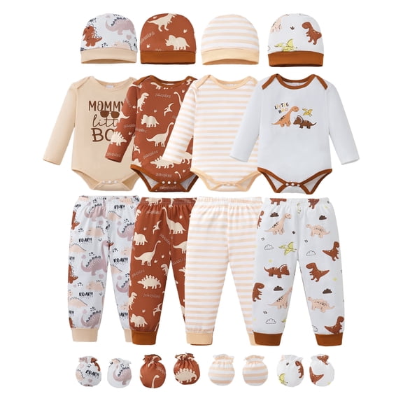 KIMI BEAR Newborn Baby Boys Layette Set 4 Packs Outfits Winter Clothes Sets Long Sleeves Romper Pants Dinosaur Print Stripped Top with Hat and Gloves 16pcs Gifts Brown