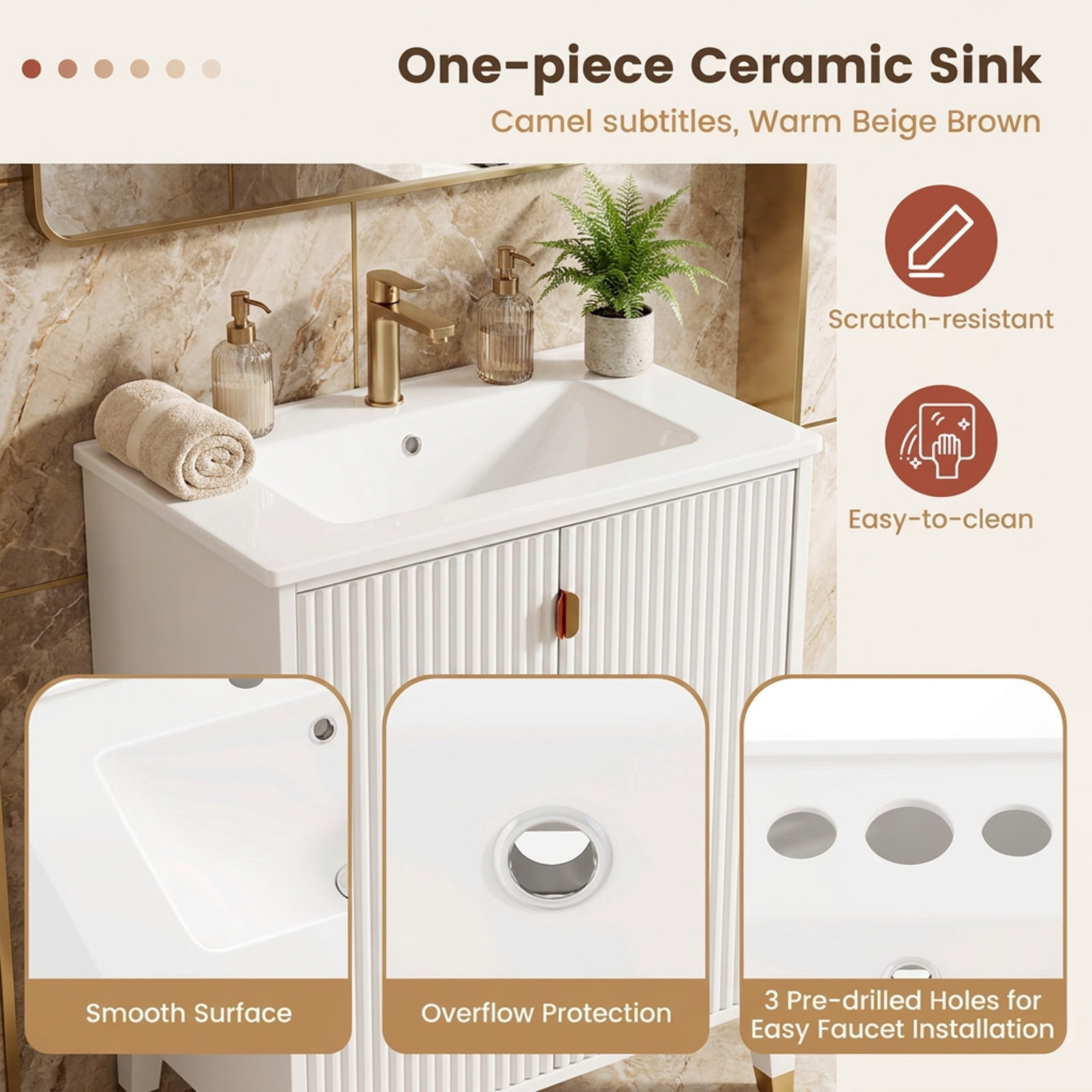 Vebreda Freestanding Bathroom Storage Cabinet, 24 Inch Bathroom Vanity with Sink Combo and Adjustable Shelf, One-piece Ceramic Sink