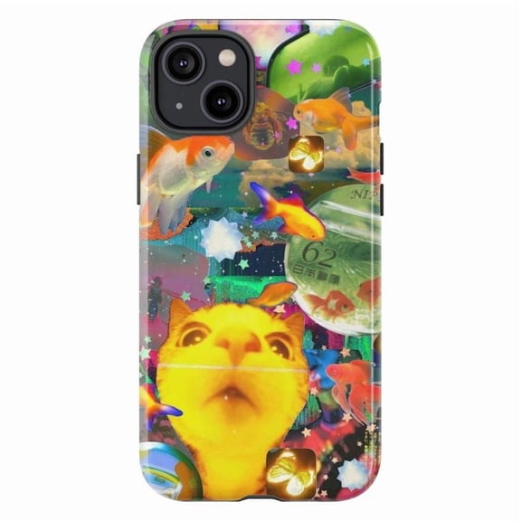 Whimsical Cat and Goldfish Colorful Phone Case, Fun Artistic Protective Cover for iPhone 16 15 14 13 12 11 Plus Pro Plus Mini