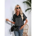thumbnail image 3 of Women'S Solid Color Button Down Satin Silk Blouse Light-Weight Work Shirts V Neck Long Sleeve Lapel Top Black L, 3 of 7