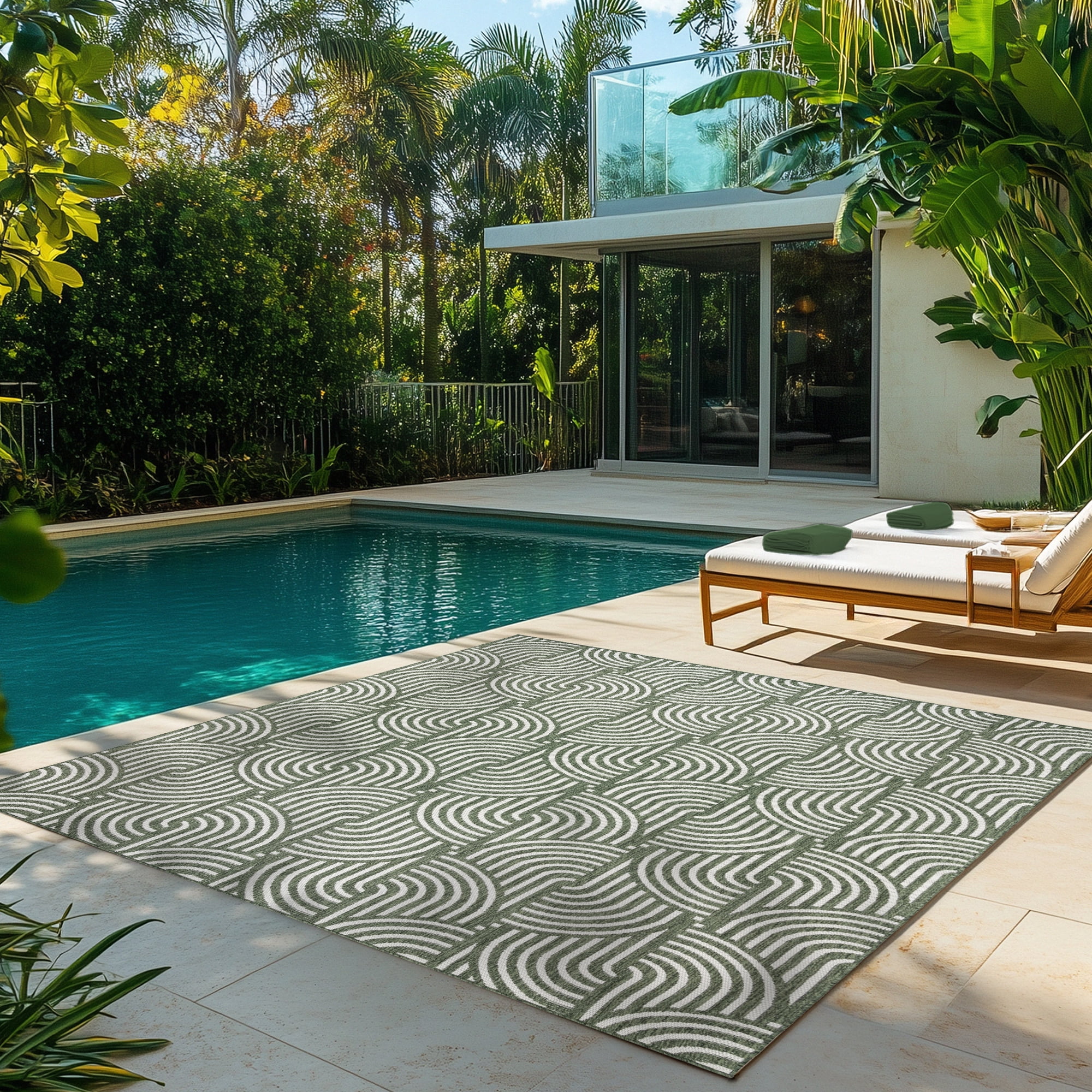 Gertmenian Tropea Mika Modern Geometric Green Ivory Premium Flatweave UV Resistant Indoor Outdoor Area Rug, 9x13