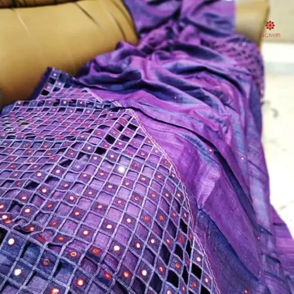 Purple Pure Tussar Silk Cutwork Scallop Embroidery Saree