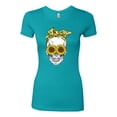 thumbnail image 2 of Skull Sunflower Skeleton Bandana Inspirational/Christian Womens Slim Fit Junior Tee, Tahiti Blue, Small, 2 of 3