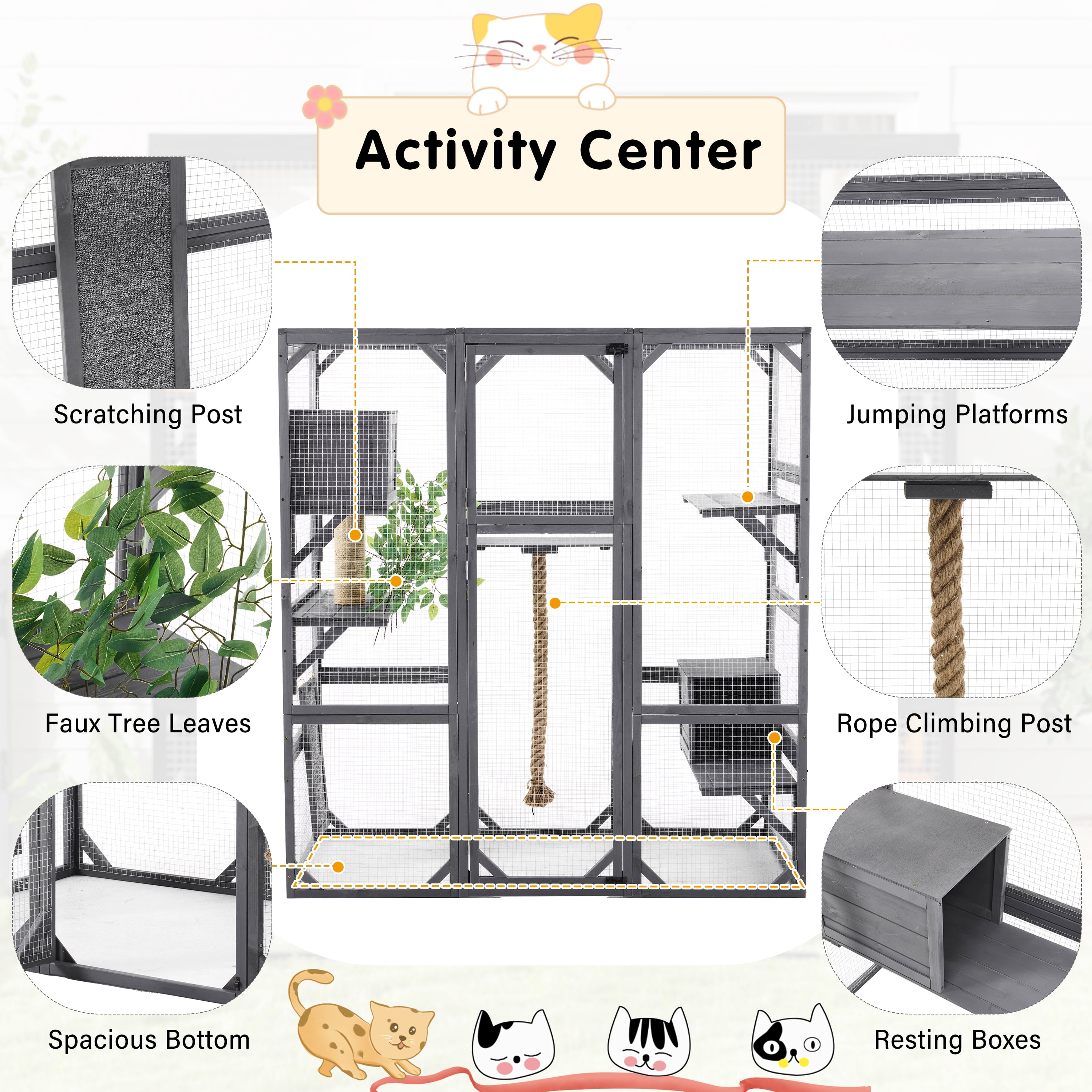 Segmart Grey Cat House Large, Weatherproof UV Proof Walk-in Wooden Cat Enclosure Large for Multiple Cats, Upgrade Luxury Cat Condo Cage Playpen with Sunshine Board, Dark Grey