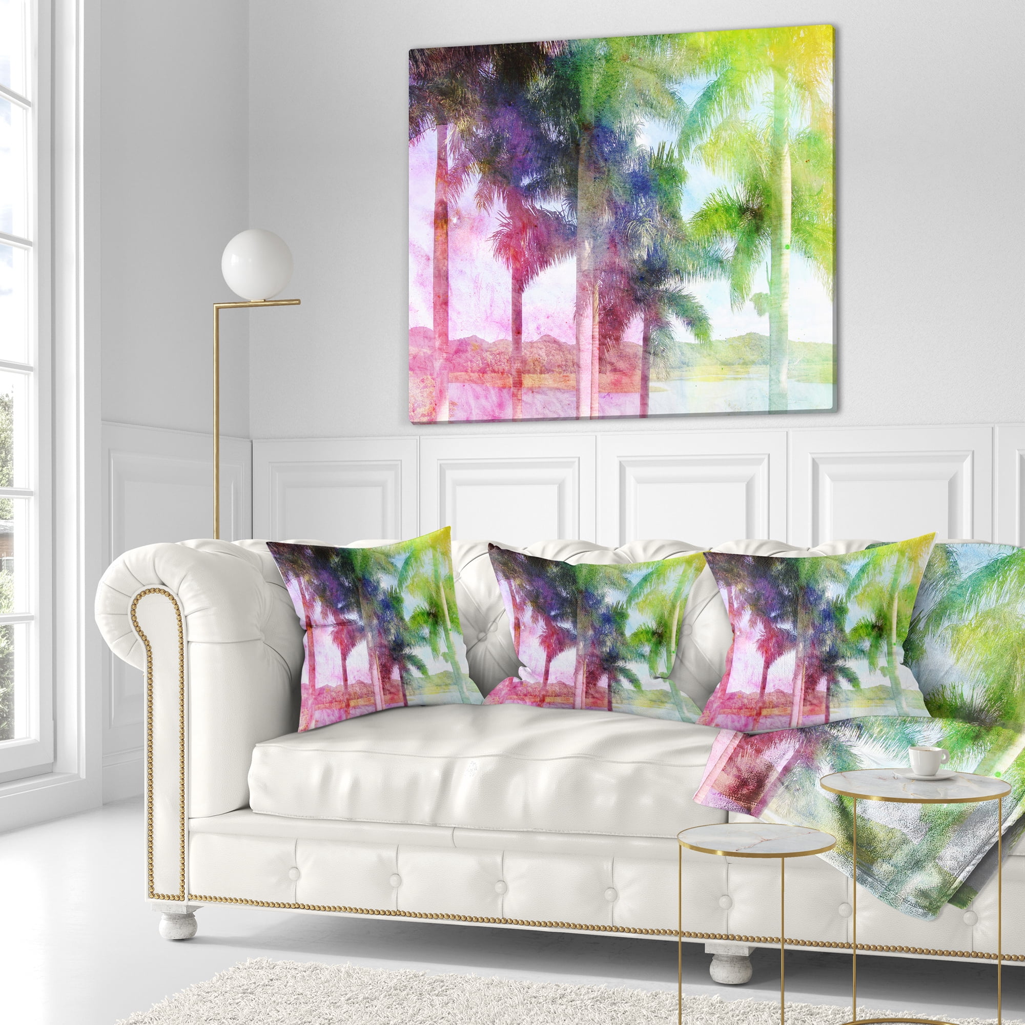 Designart Green Retro Palm Trees - Landscape Painting Throw Pillow - 16x16