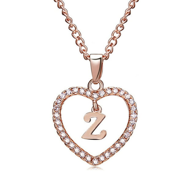26 Letters Z Heart Shape Pendant Necklace gold color Rhinestone Rose Golden Clavicular Chain Jewelry Couple Gift