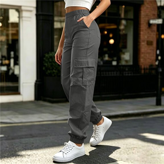 JOANKDMI Cargo Pants for Women High Waisted Joggers Lightweight Casual Trousers with Multi Pockets Elastic Waist Athletic Hiking Pants for Outdoor Work