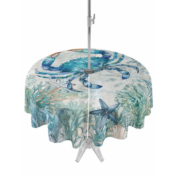 Outdoor Tablecloths with Umbrella Hole & Zipper, Teal Crabs Coastal Round Tablecloths 60 Inch, Summer Beach Coral Nautical Ocean Waterproof Table Cloth, Patio/Pool/Picnic Table Covers