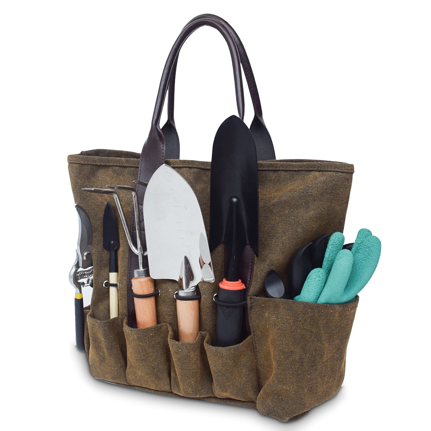 Garden Tool Bag Canvas Heavy-Duty Gardening Tote Garden Tools No Included Hand Tool Storage Tote Organizer with 8 Pockets