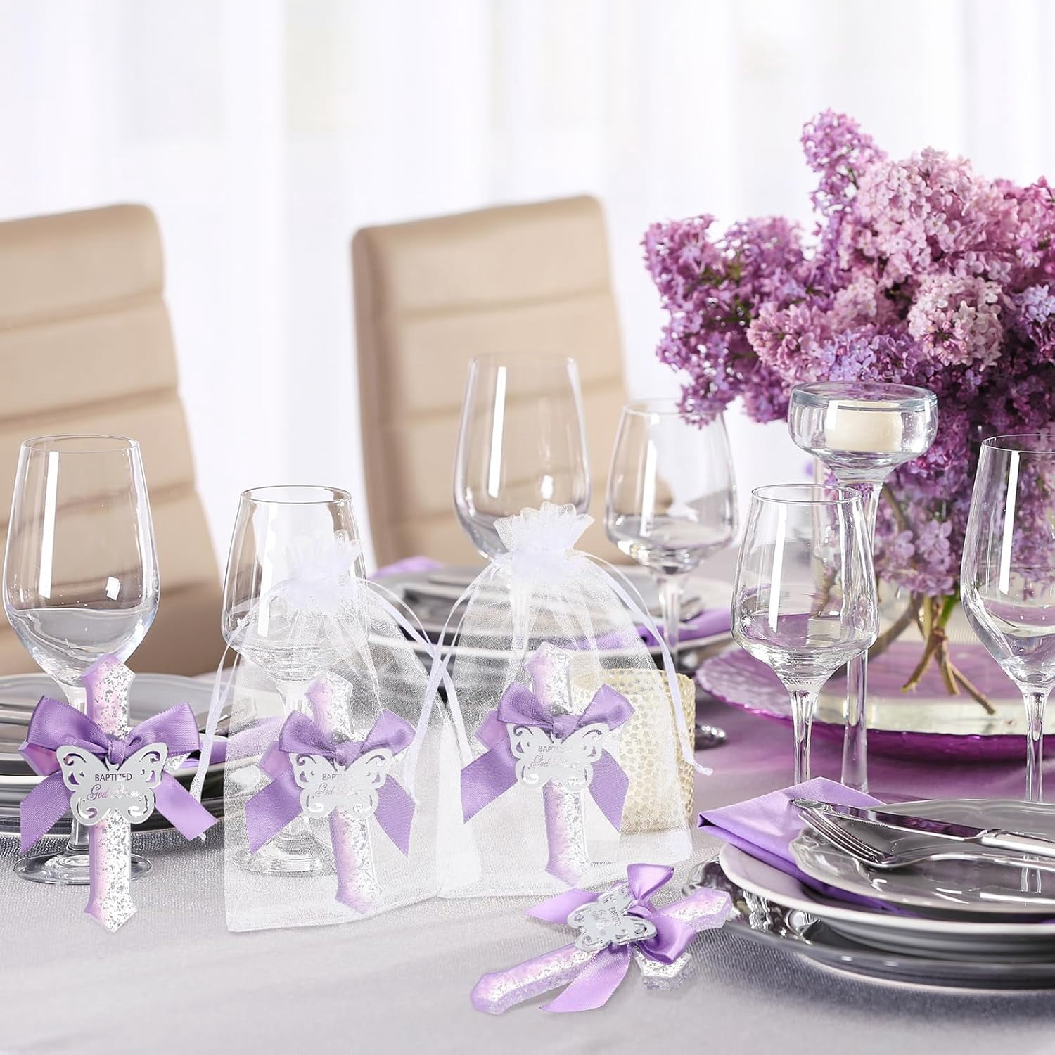 12 Pcs Baptism Favors for Guests Epoxy Cross Fridge Magnets First Communion Cross with Flower Christian Souvenirs Gift for Baptism Christening Baby Shower Party Family Gathering (Purple)