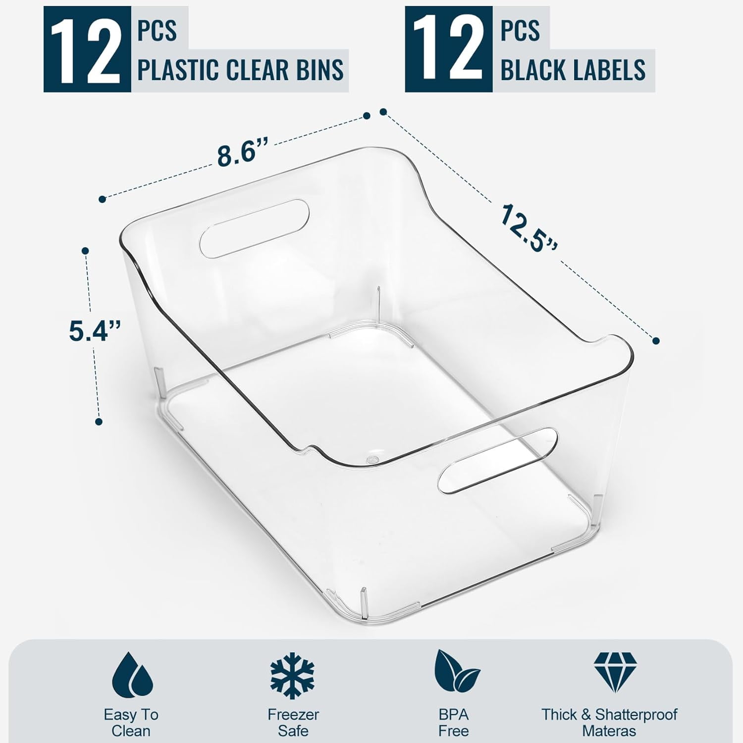 12 PACK Multi-Use Clear Plastic Storage Bins for Organizing w/Labels - Home, Kitchen, Pantry, Bathroom, Office, Cabinet Shelf Organizer Bins  Collection, RV, Fridge Organization Containers - L