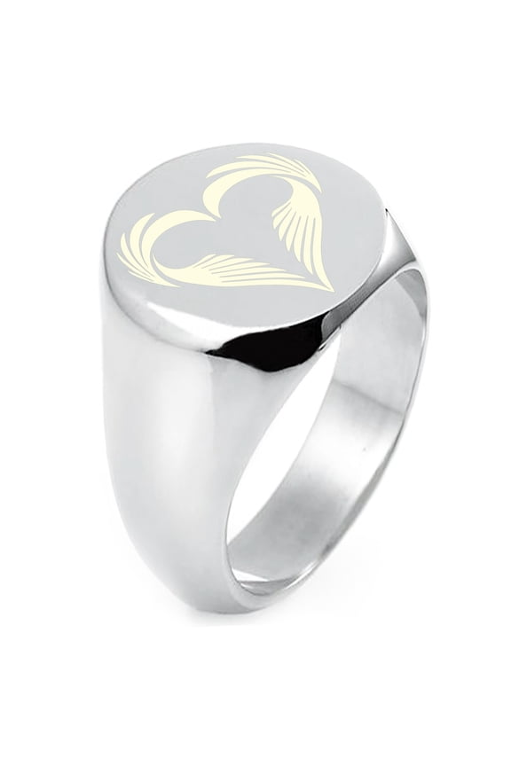 Sterling Silver Feather Heart Engraved Round Flat Top Polished Ring