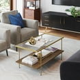 thumbnail image 2 of Nathan James Asher Mid-Century Rectangle Gold Coffee Table with Glass Top Oak Floating Shelf Brass Metal Legs, 2 of 7