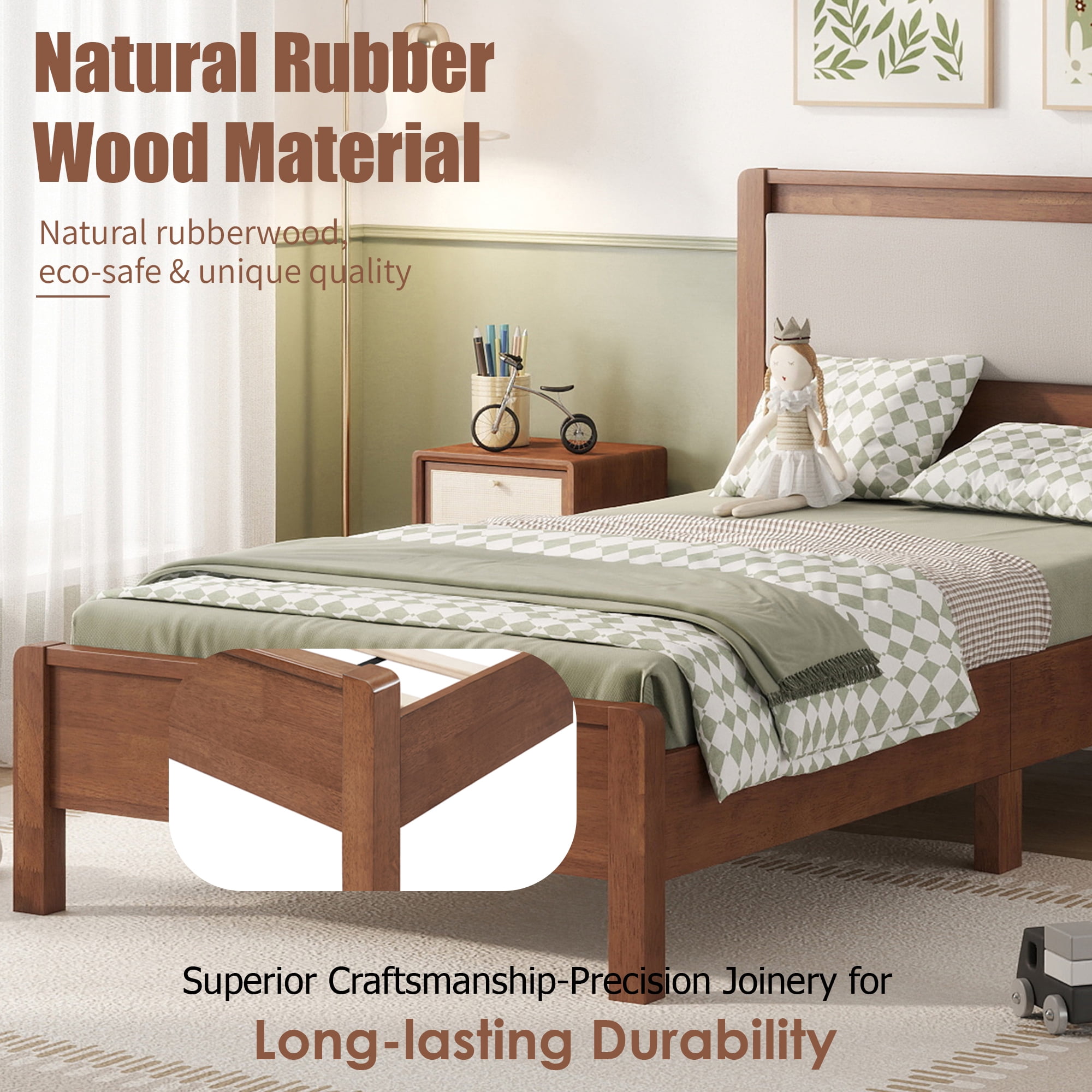 HOQBN Twin XL Solid Rubberwood Bed Frame with Upholstered Headboard, Reinforced Central Support Legs for Bedroom Brown