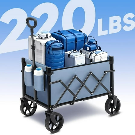 Heavy Duty Wagon with Big Wheels, Foldable Cart with 220LBS Capacity, Utility Lightweight Wagon, Collapsible Grocery Shopping Cart for Camping Sports & Holiday. Blue
