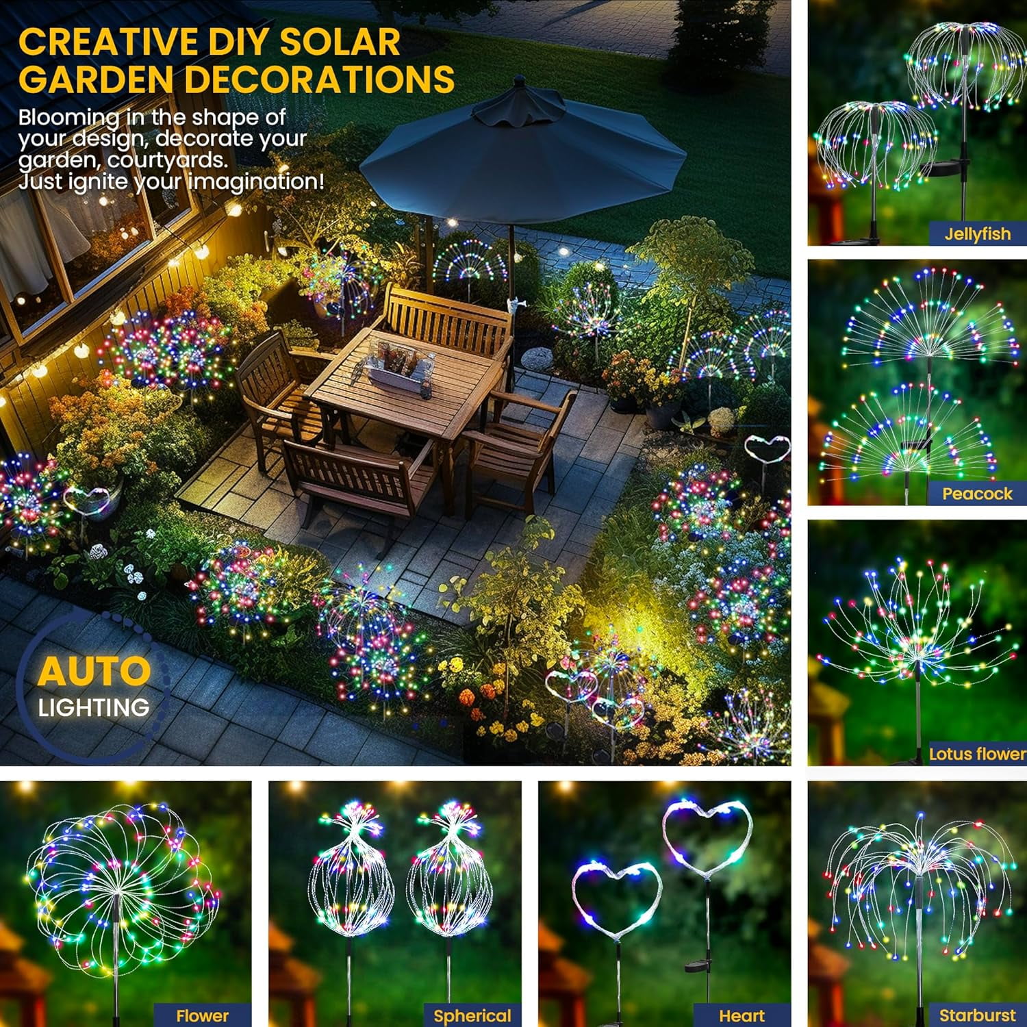 60-480LED Garden Decor Outdoor Lights, Solar Garden Lights for Christmas Outside Fairy Firework Decorative,Solar Powered for Yard Pathway Flowerbed Planter Balcony Patio Decor (Multicolar