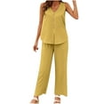 thumbnail image 2 of Jerdar Women Casual 2 Piece Short Sets Summer Leisure Suit Solid Sleeveless V Neck Button Top Pants Suit Set Lounge Set Yellow S, 2 of 5
