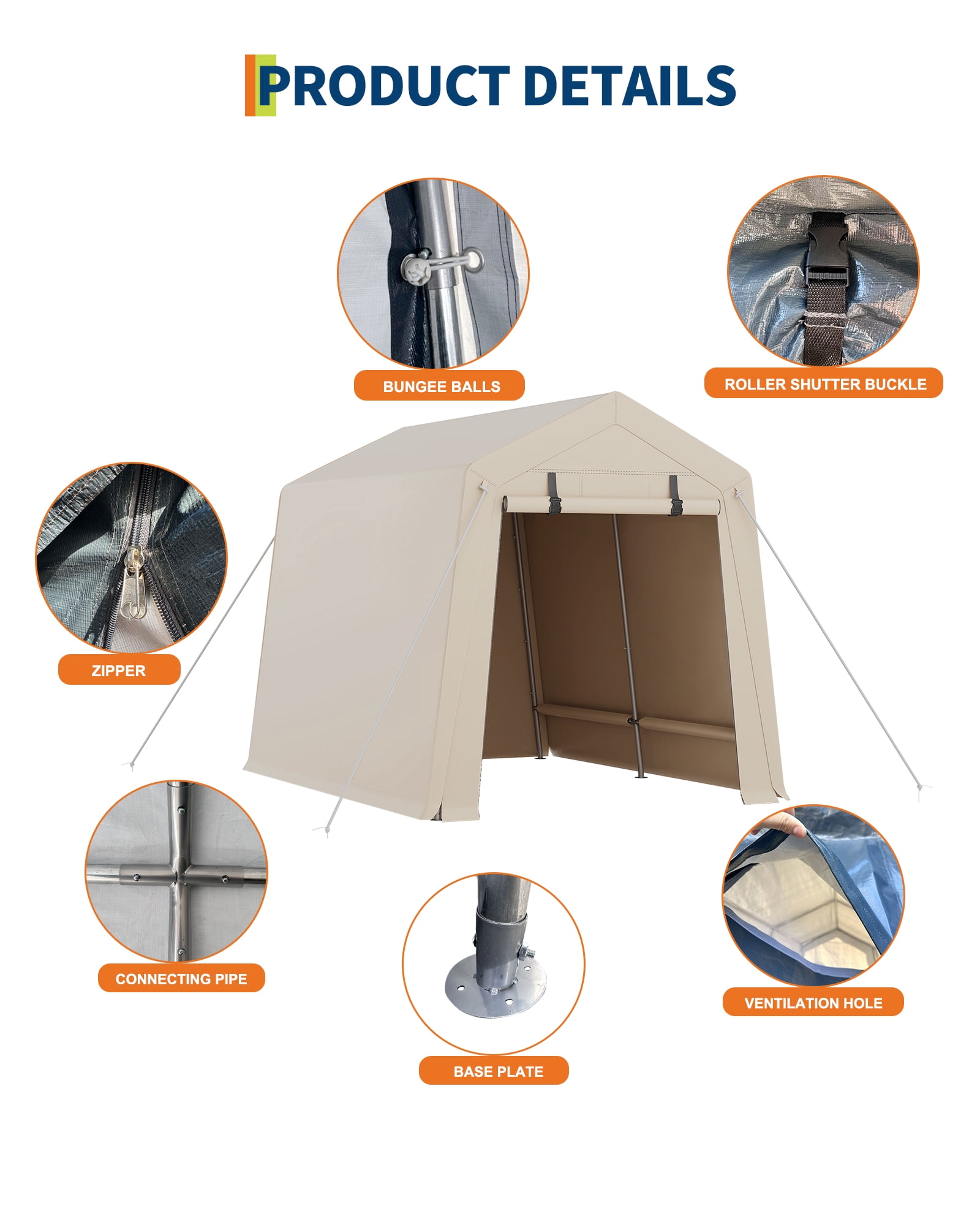 TEQIN 7x10 FT Outdoor Portable Storage Shed with Roll-Up Door & Vent,240G Heavy-Duty Shelter Waterproof PE Tarp, UV-Resistant Storage Sheds for Motorcycle, Bike,Firewood, Lawn Mower and Tools