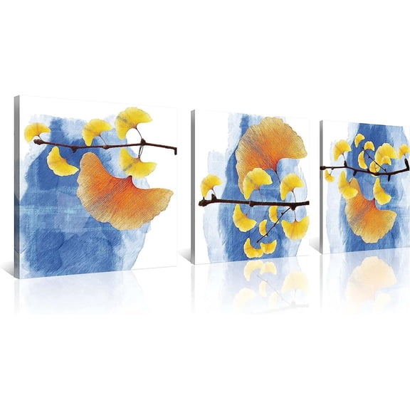 Modern Ginkgo Artwork Orange Ginkgo Leaf Canvas Wall Art 3 PCS 12x12 Inch Ginkgo Biloba Wall Art Framed Prints for Home Décor Botanical Contemporary Artwork Wall Decorations for Living Room