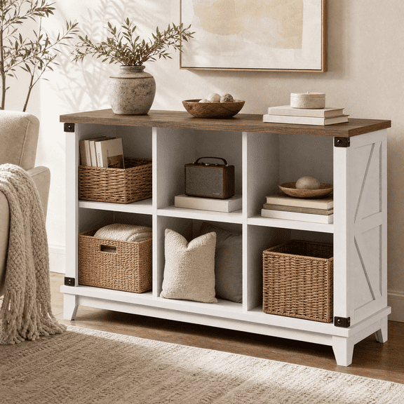 melmine 6-Cube Storage Organizer,Farmhouse Cube Bookshelf & Display Shelf,Freestanding Bookcase for Living Room,Bedroom & Home Office,White