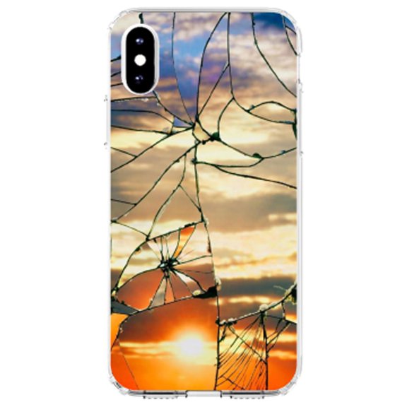 DistinctInk Clear Shockproof Hybrid Case for iPhone XR (6.1" Screen) - TPU Bumper, Acrylic Back, Tempered Glass Screen Protector - Shattered Glass Sunrise