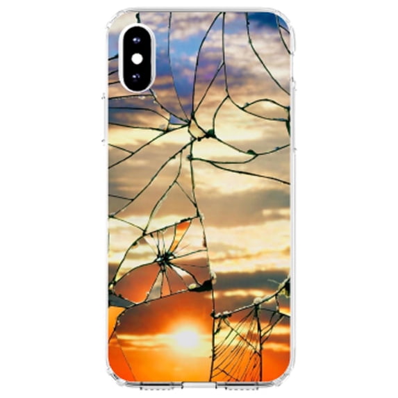 DistinctInk Clear Shockproof Hybrid Case for iPhone XR (6.1" Screen) - TPU Bumper, Acrylic Back, Tempered Glass Screen Protector - Shattered Glass Sunrise