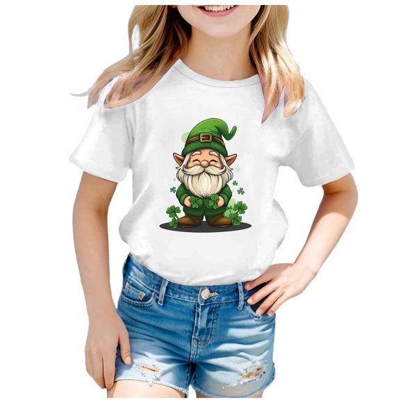 GPOECD For St Day Short Sleeve Printed Casual Girls Graphic T Shirt For Children Holiday Wear Cute Tops For Girls White,150