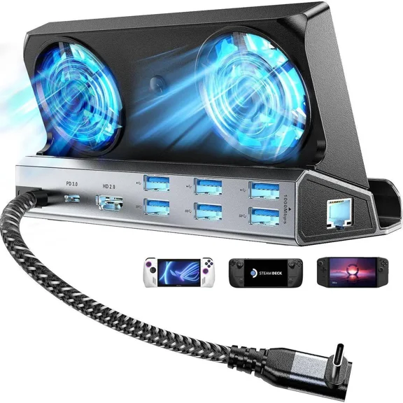 9-in-1 Steam Deck Docking Station for Steam Deck/Rog Ally/Switch/Legion Go Dual Cooling Fans 4K@60Hz,6 USB Ports,1000Mbps,Type C 100W PD 40Gbps Adapter