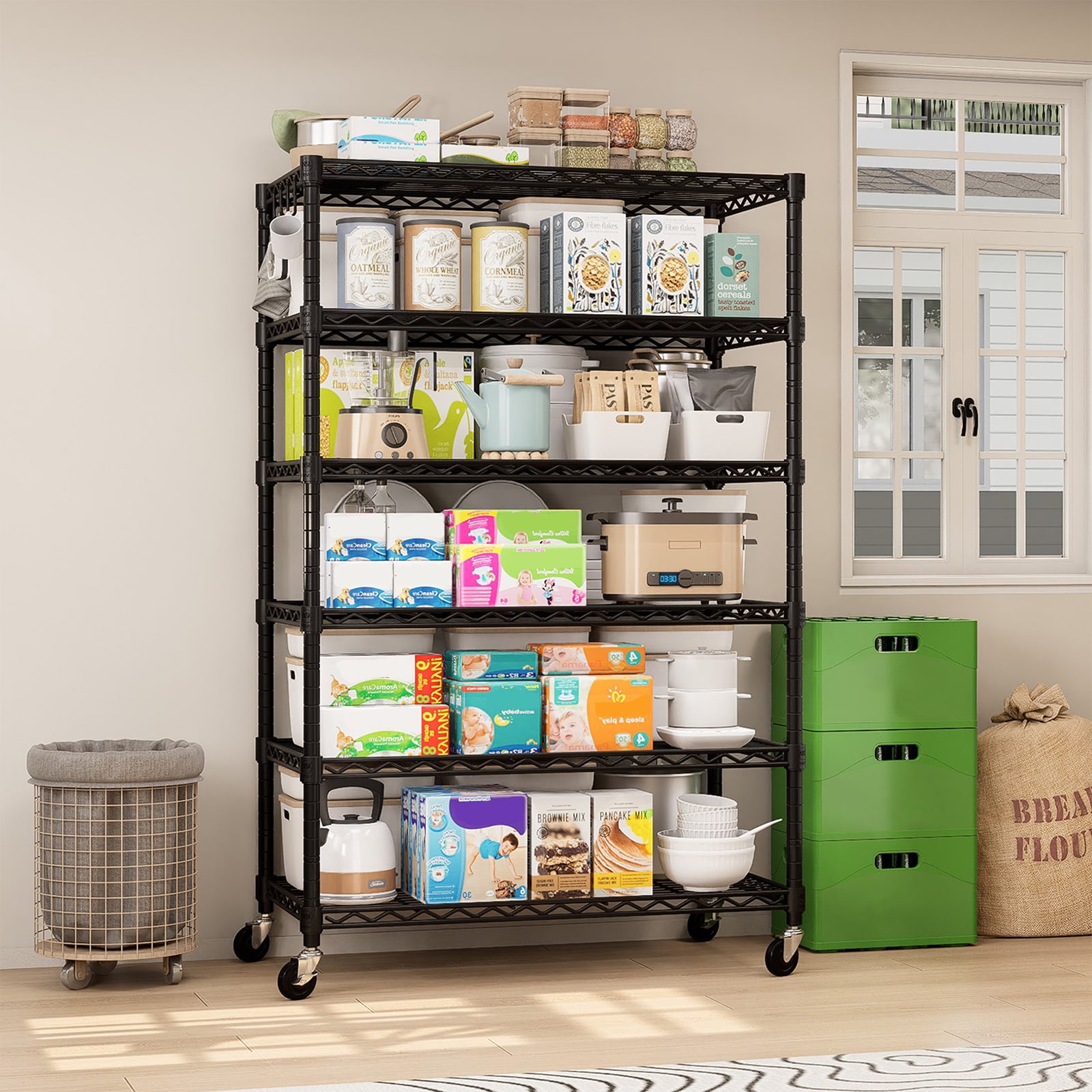 Prilinex 6-Tier Wire Shelf 36"W x 16"D x 76"H Metal Storage Shelves with Wheels, Wire Rack, Heavy-Duty Garage Shelving Unit for Pantry, Kitchen, Black