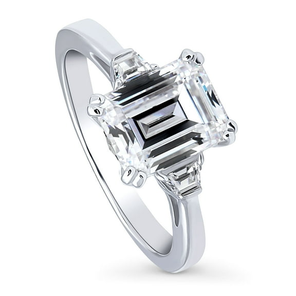 BERRICLE Sterling Silver 3-Stone Wedding Engagement Rings 2.6 Carat Emerald Cut Cubic Zirconia CZ Ring for Women, Rhodium Plated Size 6