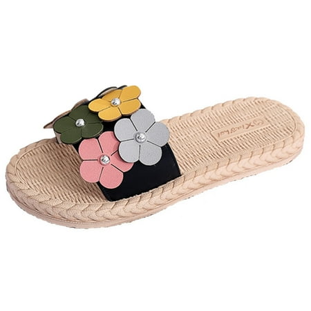 

KmaiSchai Womens Slippers Women S Shoes Summer Beach Slippers Flowers Imitation Straw Weave Flat Slippers Cat Slippers For Women Indoor Slippers For Women Valentine Slippers For Women Foldable Slipp