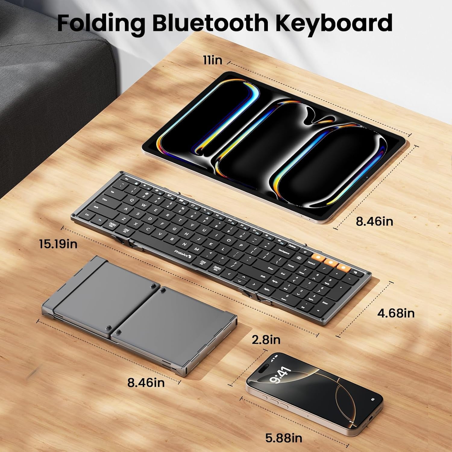 Foldable Bluetooth Keyboard, XK01 Folding Wireless Portable Keyboard with Numeric Keypad, Full-Size Travel Keyboards for iPad Tablet Smartphone Laptop PC Windows iOS Android, Space Gray