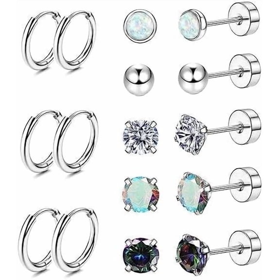 Surgical Steel Earrings for Sensitive Ears Hypoallergenic 20G Stainless Steel Stud Hoop Earrings for Women Men Small Opal Ball CZ Surgical