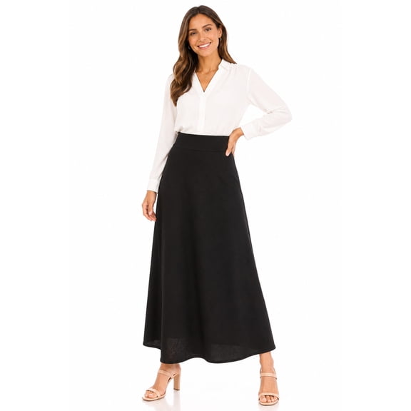Women's Casual Solid Flare A-line Long Skirt with Elastic Waistband
