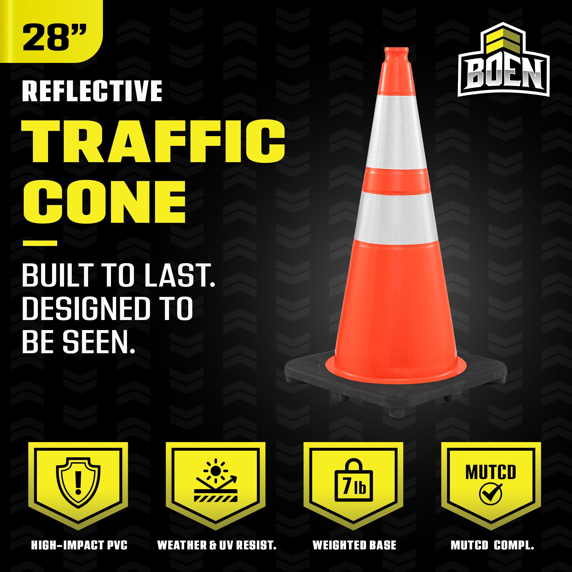 BOEN 28 in Orange Reflective Traffic Cones, 7 lb DOT MUTCD Road Safety, 3 Pack