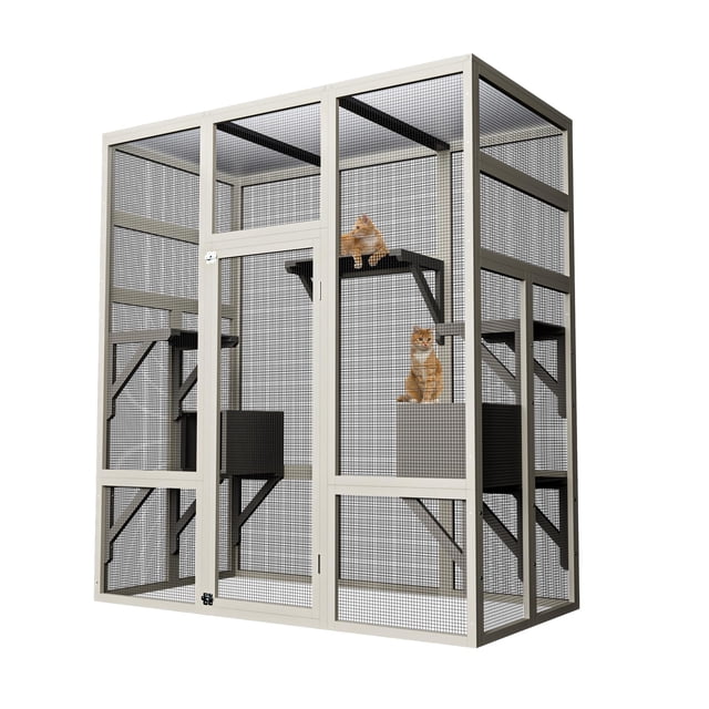 QinaQin Catio grande para exterior de 70 pulgadas, casa para gatos con 5 plataformas y 2 cajas de descanso, estructura de madera resistente y malla metálica anticorrosión