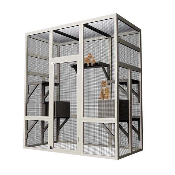 QinaQin Catio grande para exterior de 70 pulgadas, casa para gatos con 5 plataformas y 2 cajas de descanso, estructura de madera resistente y malla metálica anticorrosión