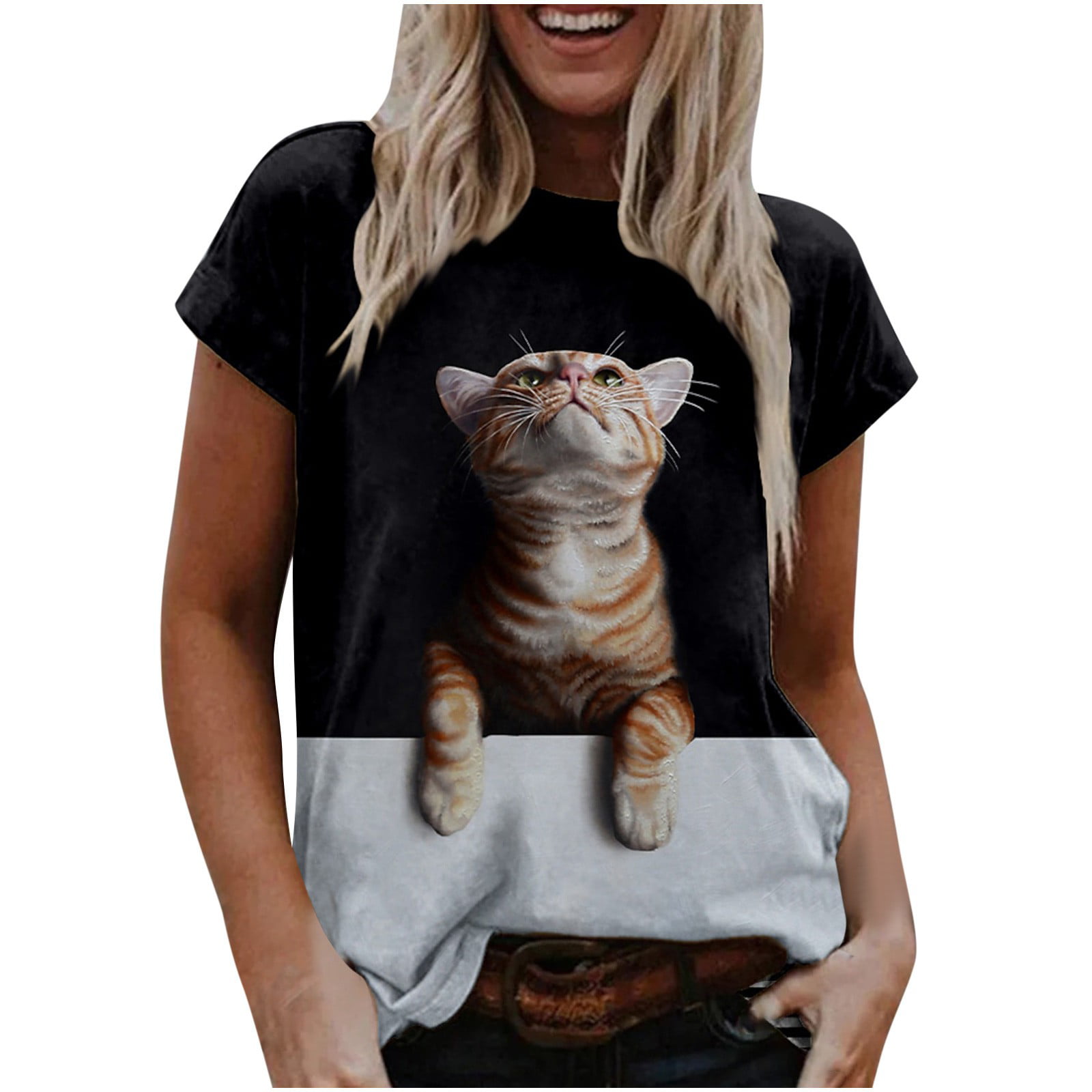 Summer Tops for Women 2022 3D Cat Print Shirts For Women Short Sleeve ...