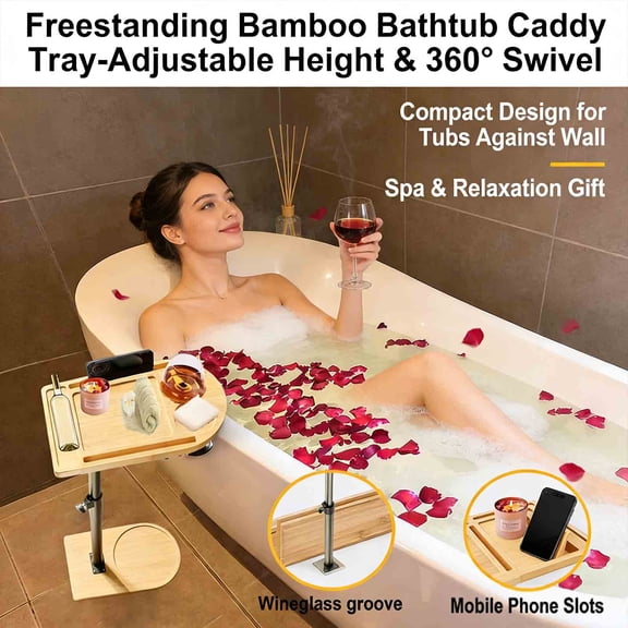 Freestanding Bamboo Bathtub Caddy Tray Desk- Adjustable Height & 360° Swivel, Compact Design for Tubs Against Wall, Spa & Relaxation Gift