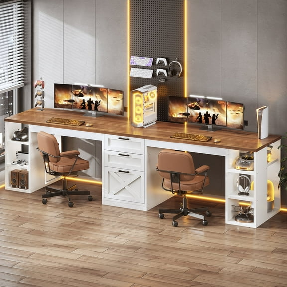 96.5 Inch 2 Person Desk with Storage, Farmhouse Double Desk with Drawers and Open Shelves, Home Office Desk with Printer Stand and File Drawer, White & Brown