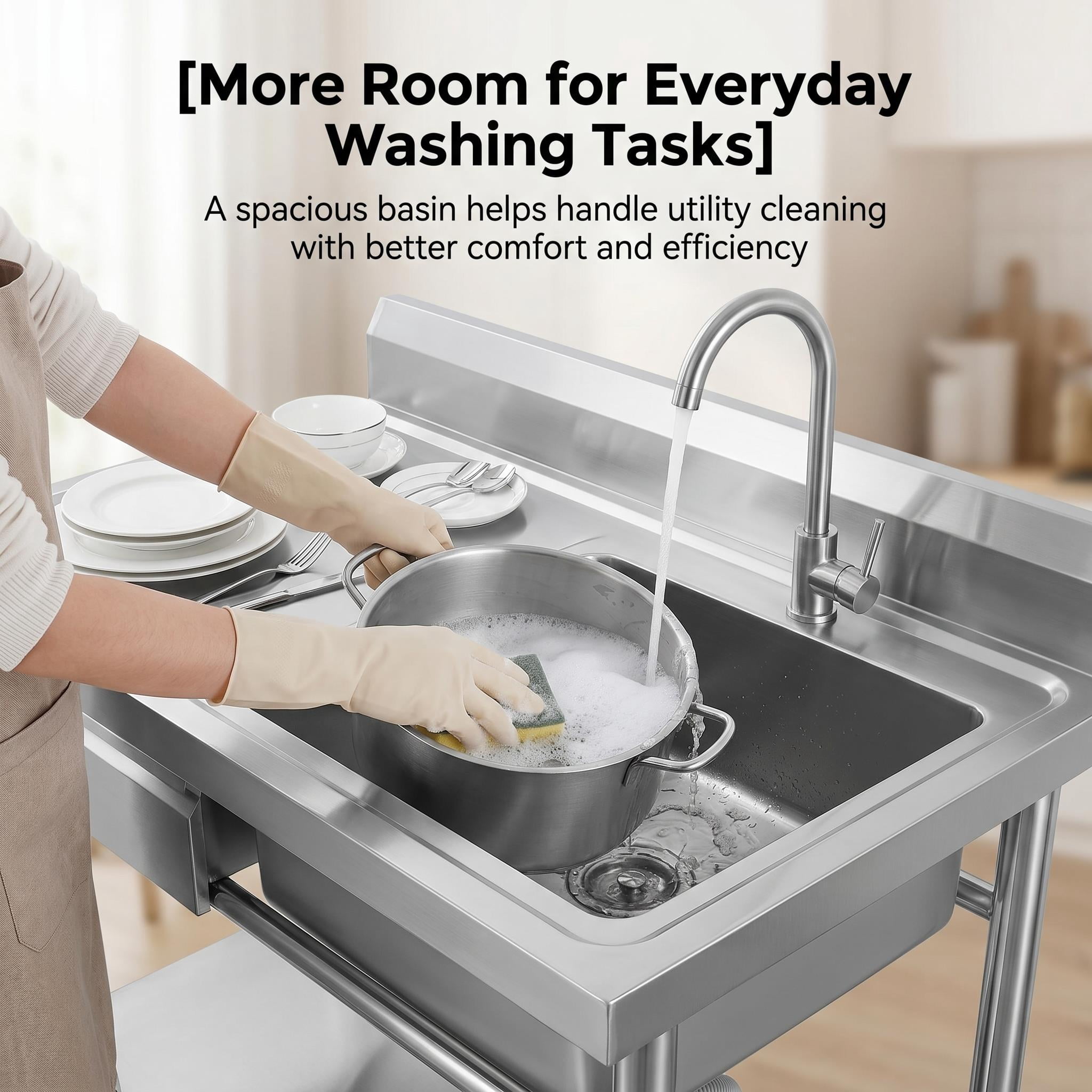 304 Stainless Steel Utility Sink, Commercial Restaurant Kitchen Sink for Restaurants Laundry Rooms and Home Use, Free Standing Stainless Steel Single Bowl with Drawer and Adjustable Lower Shelf