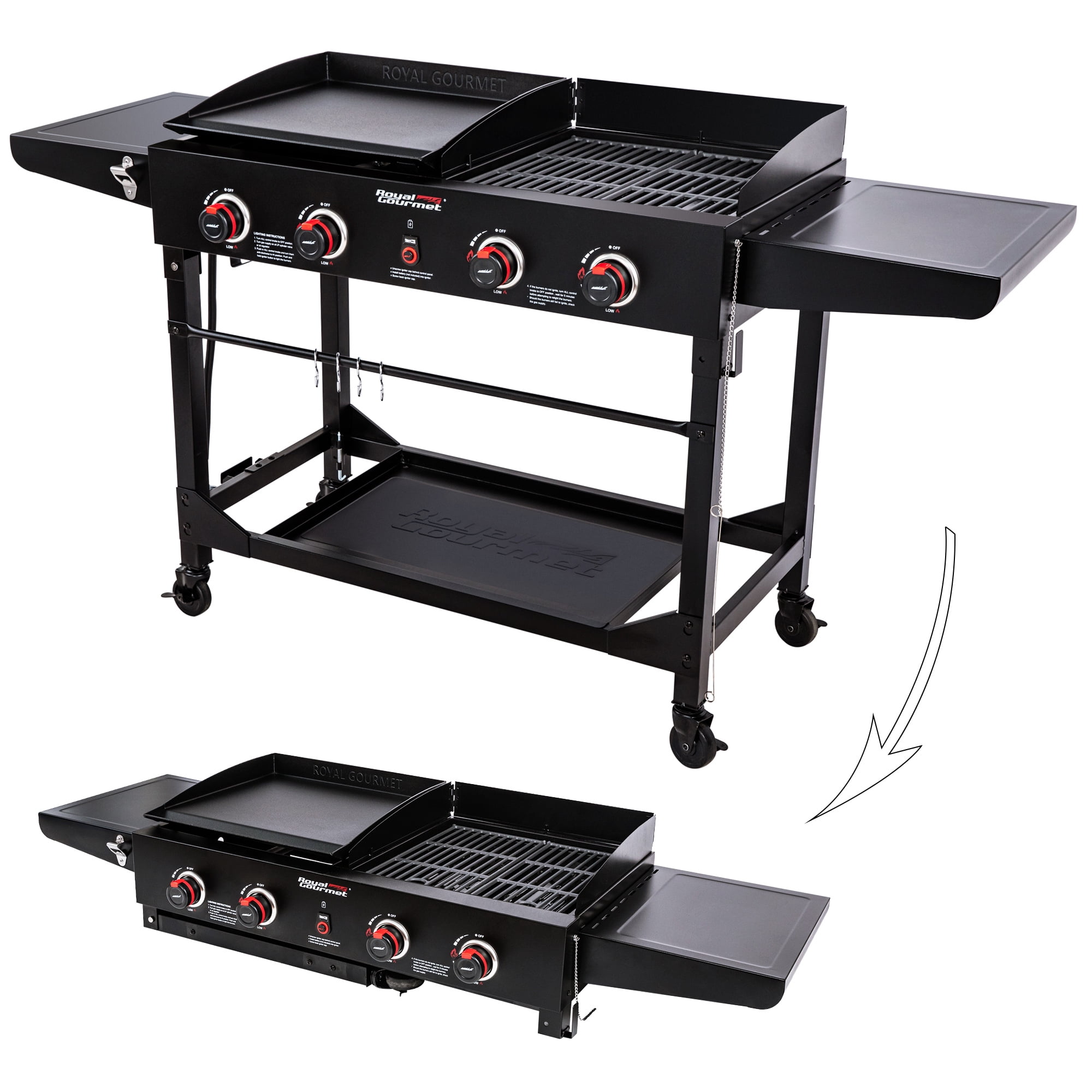 Royal Gourmet 4-Burner GD402 Portable Flat Top Gas Grill and Griddle Combo with Folding Legs, 48,000 BTU, Black
