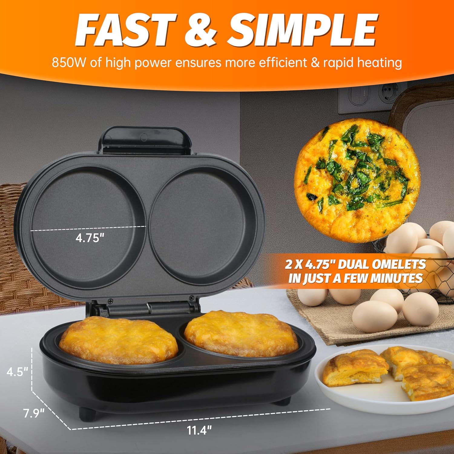Electric Omelette Maker with Nonstick Pan, Dual Grooves for Egg Bites & Pancakes, Black