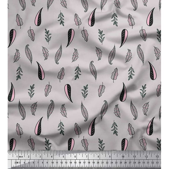 Soimoi Gray Cotton Poplin Fabric Artistic Leaves Print Fabric by Yard 56 Inch Wide