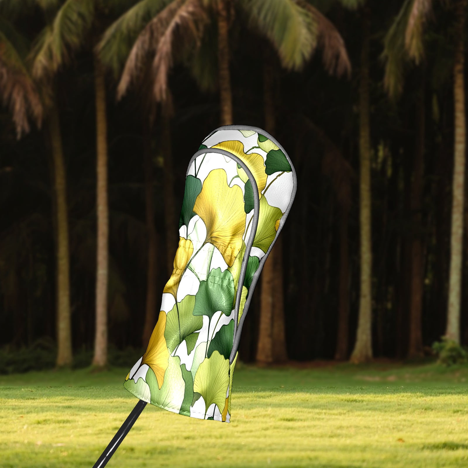 Golf Club Covers PU Leather Waterproof Head Covers for Fairway Woods Hybrids Yellow Green Ginkgo Leaves