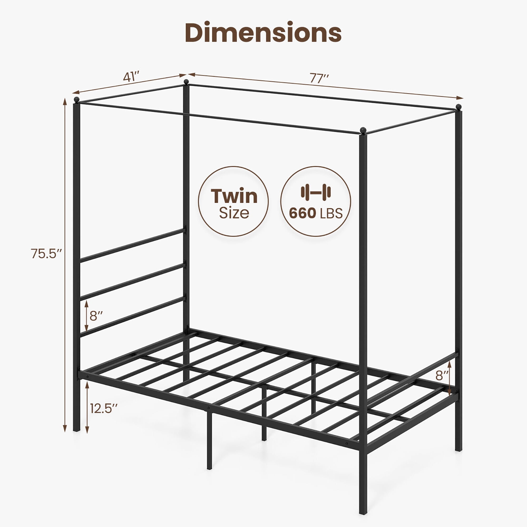 Gymax Twin Metal Canopy Platform Bed Frame Mattress Foundation w/ Slat Support